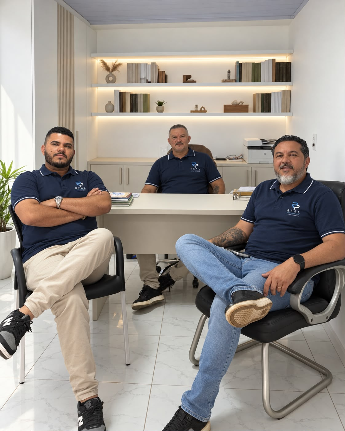 Os três sócios da Real Móveis Planejados reunidos no escritório com a camisa da empresa