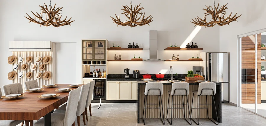 Área gourmet com cozinha planejada, ilha, cristaleira e mesa de jantar em madeira
